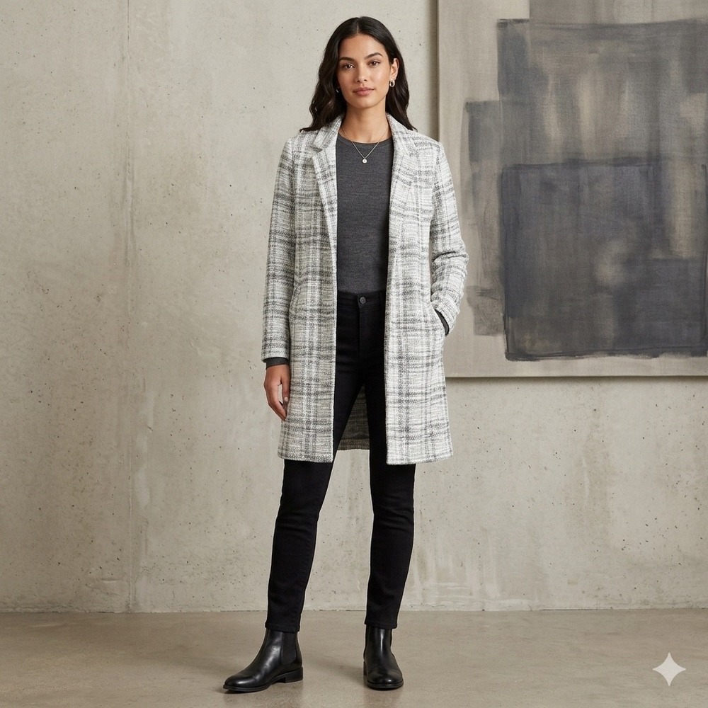 Melloday Womens Size Large Plaid Open Front Knit Duster Coat Jacket Pockets Gray